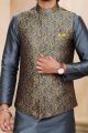 Dark Grey Jaquard Banarasi Silk Nehru Jacket (NMK-6923)