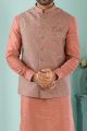 Dark Onion Pink Art Banarasi Silk Nehru Jacket (NMK-4983)