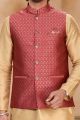 Dark Pink Jaquard Banarasi Silk Nehru Jacket (NMK-7461)