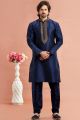 Embroidered Blue Banarasi Silk Kurta Pajama (NMK-7941)