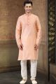 Embroidered Jaquard Banarasi Silk Peach Kurta (NMK-6606)