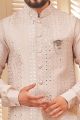 Embroidered Light Peach Art Silk Nehru Jacket (NMK-8008)