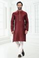 Embroidered Linen Cotton Wine Kurta Pajama (NMK-6652)