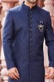 Embroidered Navy Blue Art Silk Sherwani (NMK-7123)