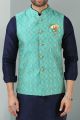 Green Jaquard Banarasi Silk Nehru Jacket (NMK-5868)