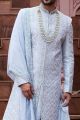 Grey Blue Art Silk Wedding Sherwani (NMK-7161)