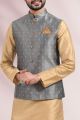 Grey Jaquard Banarasi Silk Nehru Jacket (NMK-6682)