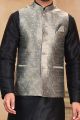 Grey Jaquard Banarasi Silk Nehru Jacket (NMK-7465)