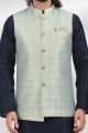 Jaquard Banarasi Silk Blue Nehru Jacket (NMK-6481)