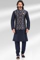 Jaquard Banarasi Silk Blue Nehru Jacket (NMK-6489)