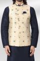 Jaquard Banarasi Silk Cream Mens Nehru Jacket (NMK-6487)