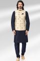 Jaquard Banarasi Silk Cream Mens Nehru Jacket (NMK-6487)