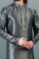 Jaquard Banarasi Silk Greyish Blue Kurta Pajama (NMK-6636)