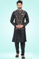 Jaquard Banarasi Silk Mens Nehru Jacket in Black (NMK-6490)