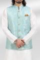 Jaquard Banarasi Silk Mens Nehru Jacket in Blue (NMK-6477)