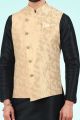 Jaquard Banarasi Silk Mens Nehru Jacket in Gold (NMK-6486)