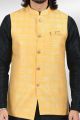 Jaquard Banarasi Silk Mens Nehru Jacket in Yellow (NMK-6483)