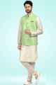 Jaquard Banarasi Silk Pista Green Nehru Jacket (NMK-6478)