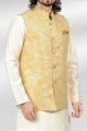 Jaquard Banarasi Silk Yellow Nehru Jacket for Mens (NMK-6479)