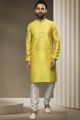 Lemon Yellow Jaquard Silk Brocade Kurta Pajama (NMK-5952)