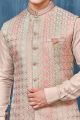 Light Beige Art Banarasi Silk Nehru Jacket (NMK-7379)