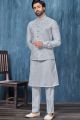 Light Grey Art Banarasi Silk Nehru Jacket (NMK-7354)