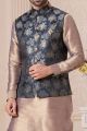 Navy Blue Art Banarasi Silk Nehru Jacket (NMK-5634)