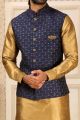 Navy Blue Art Banarasi Silk Nehru Jacket (NMK-6300)