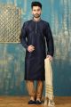 Navy Blue Dupion Art Silk Kurta Pajama for Men (NMK-3290)