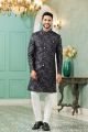 Navy Blue Imported Jaquard Silk Indo Western (NMK-7150)