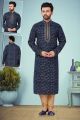 Navy Blue Printed Cotton Silk Casual Kurta (NMK-4826)