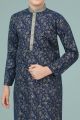 Navy Blue Printed Cotton Silk Kurta Pajama (NKK-686)