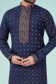 Navy Blue Printed Cotton Silk Kurta Pajama (NMK-4788)