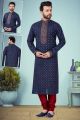 Navy Blue Printed Cotton Silk Kurta Pajama (NMK-4788)