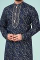 Navy Blue Printed Cotton Silk Kurta Pajama (NMK-4837)