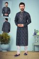 Navy Blue Printed Cotton Silk Kurta Pajama (NMK-4837)