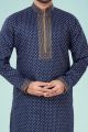 Navy Blue Printed Cotton Silk Mens Kurta Pajama (NMK-4850)