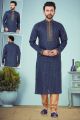 Navy Blue Printed Cotton Silk Mens Kurta Pajama (NMK-4850)