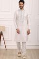 Off White Art Banarasi Silk Mens Kurta Pajama (NMK-7008)