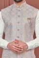 Off White Art Banarasi Silk Nehru Jacket (NMK-7433)