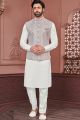 Off White Art Banarasi Silk Nehru Jacket (NMK-7433)