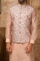 Peach Art Banarasi Silk Mens Nehru Jacket (NMK-6361)