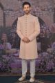 Peach Georgette Lucknowi Grooms Sherwani (NMK-4770)