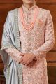 Peach, Greyish Blue Art Silk Sherwani (NMK-6403)