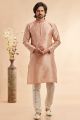 Peach Jaquard Art Silk Mens Kurta Pajama (NMK-7906)