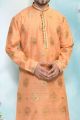 Peach Jaquard Silk Brocade Mens Kurta Pajama (NMK-4890)