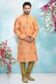 Peach Jaquard Silk Brocade Mens Kurta Pajama (NMK-4890)