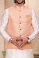 Peach Pink Silk Printed Nehru Jacket (NMK-6917)