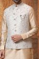 Pista, Dark Gold Art Banarasi Silk Nehru Jacket (NMK-5645)