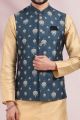 Printed Banarasi Silk Blue Mens Nehru Jacket(NMK-6448)